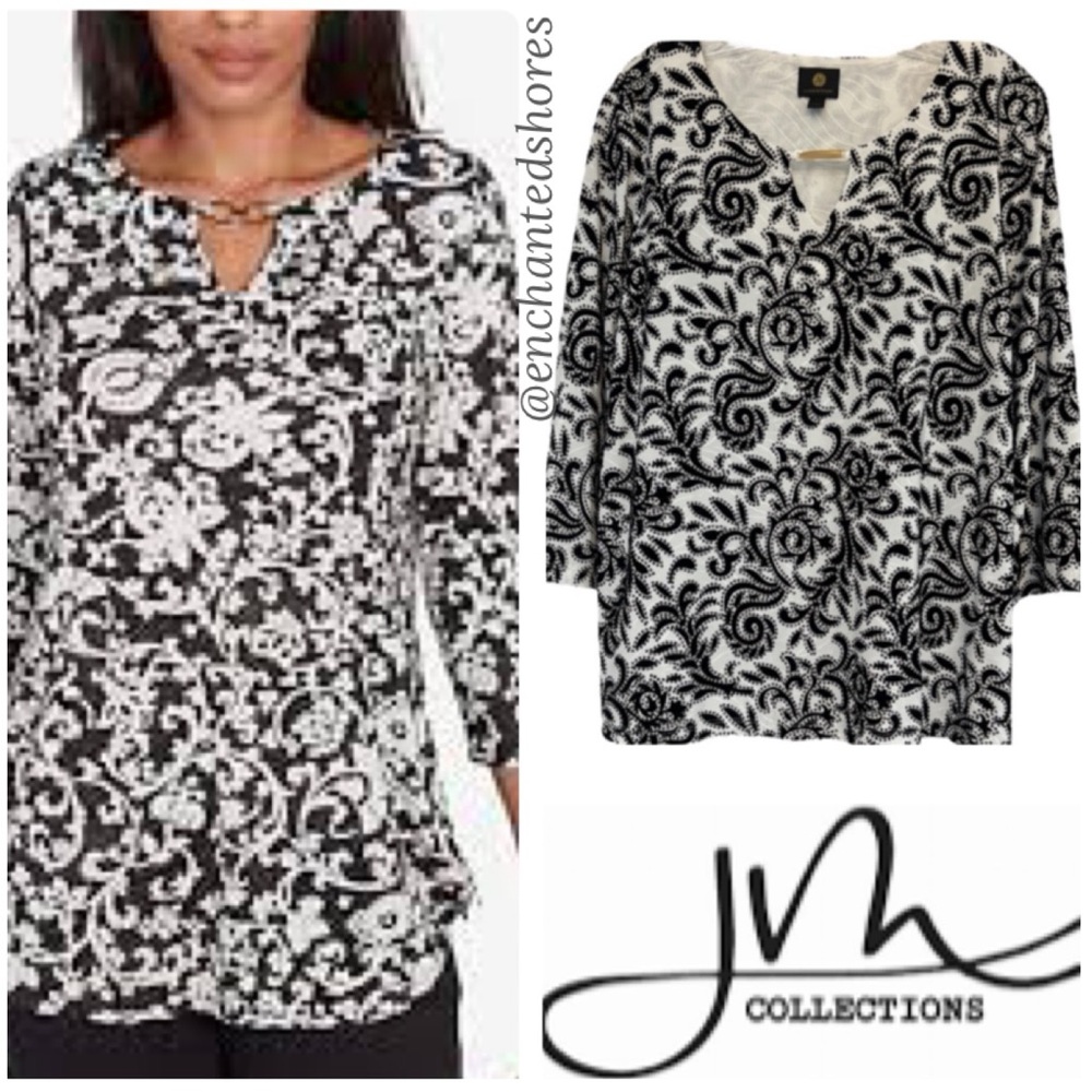 Shimmering Blouse Floral Filigree Paisley Embellished Silver Black White Size L